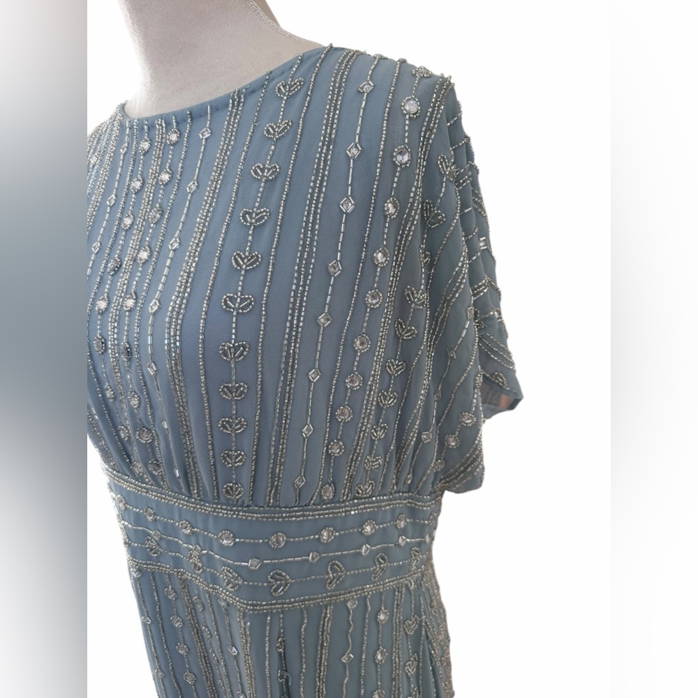 Mac Duggal Beaded Cap Sleeve Colum Midi Dress in Slate Blue - Picture 9 of 11